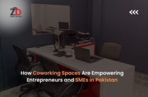 Modern coworking space in Islamabad with professionals working together.