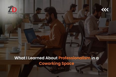 A bright, modern coworking space with clean workstations, ergonomic chairs, and a calm professional atmosphere at Zama Daftar in Pakistan.