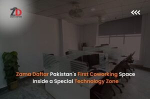 Modern coworking space at Zama Daftar with shared desks and a clean, productive work environment in Pakistan’s Special Technology Zone