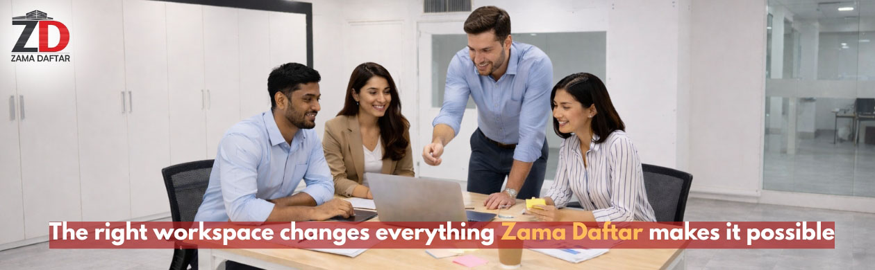 Remote professionals collaborating in a modern coworking space at Zama Daftar, highlighting productivity and teamwork