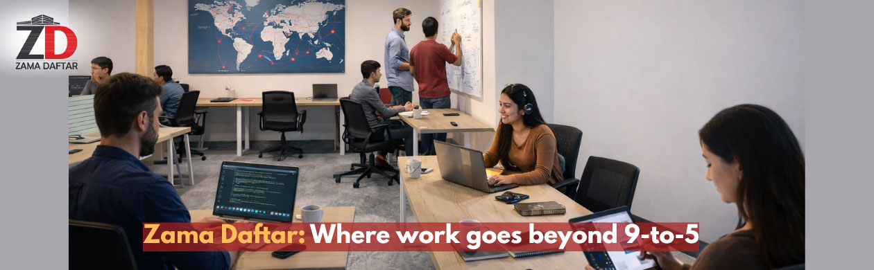 Professionals collaborating in a modern coworking space representing the shift to a flexible 24/7 work culture